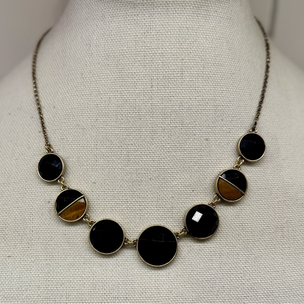 Lucky Brand Gold-Tone Black & Tiger’s Eye Faceted Cabochons Necklace, Adjustable